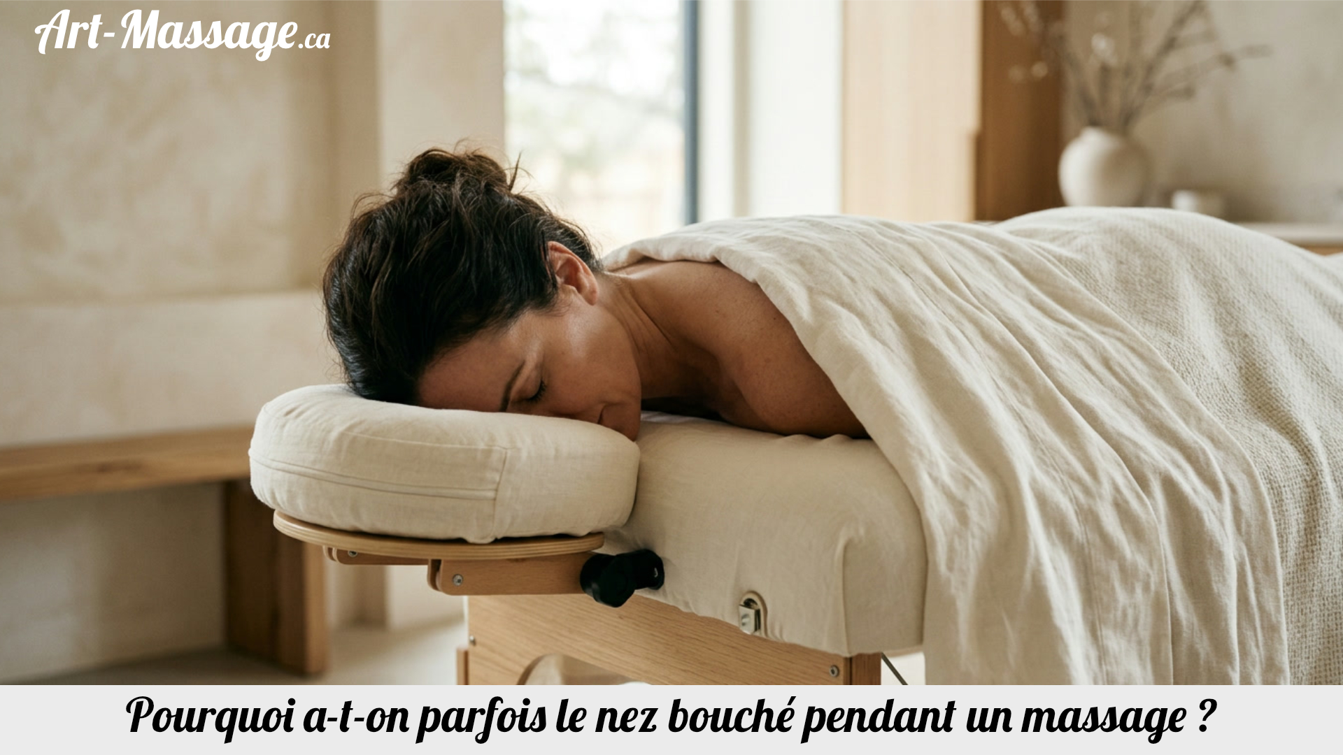 Femme allongée sur le ventre sur une table de massage, le visage installé dans une têtière, dans une ambiance de spa apaisante.