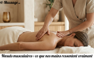 Massothérapeute exerçant une pression douce sur l'épaule d'une femme allongée sur une table de massage.