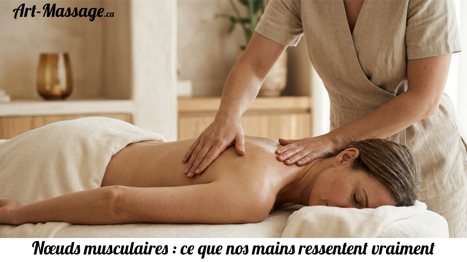 Massothérapeute exerçant une pression douce sur l'épaule d'une femme allongée sur une table de massage.