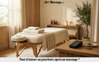 Salle de massage lumineuse avec une table préparée et un terminal de paiement posé discrètement à l’accueil.