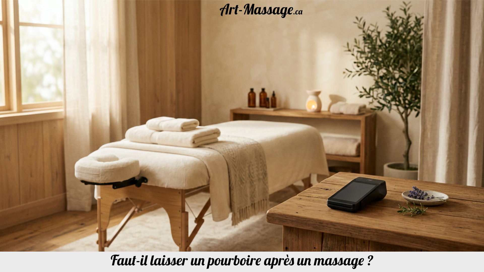 Salle de massage lumineuse avec une table préparée et un terminal de paiement posé discrètement à l’accueil.
