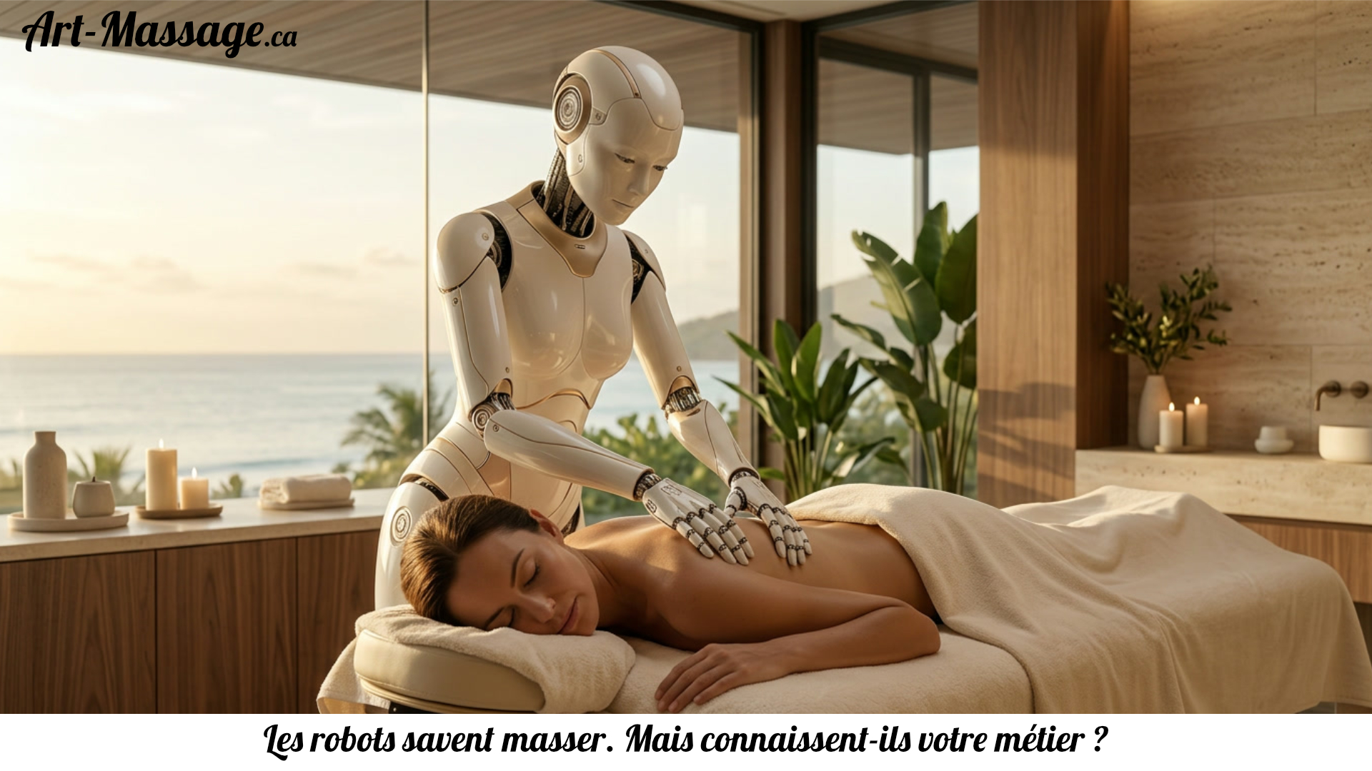 Un robot humanoïde effectue un massage du dos à une femme allongée sur une table de massage dans un spa de luxe, illustrant l’arrivée de l’intelligence artificielle en massothérapie.