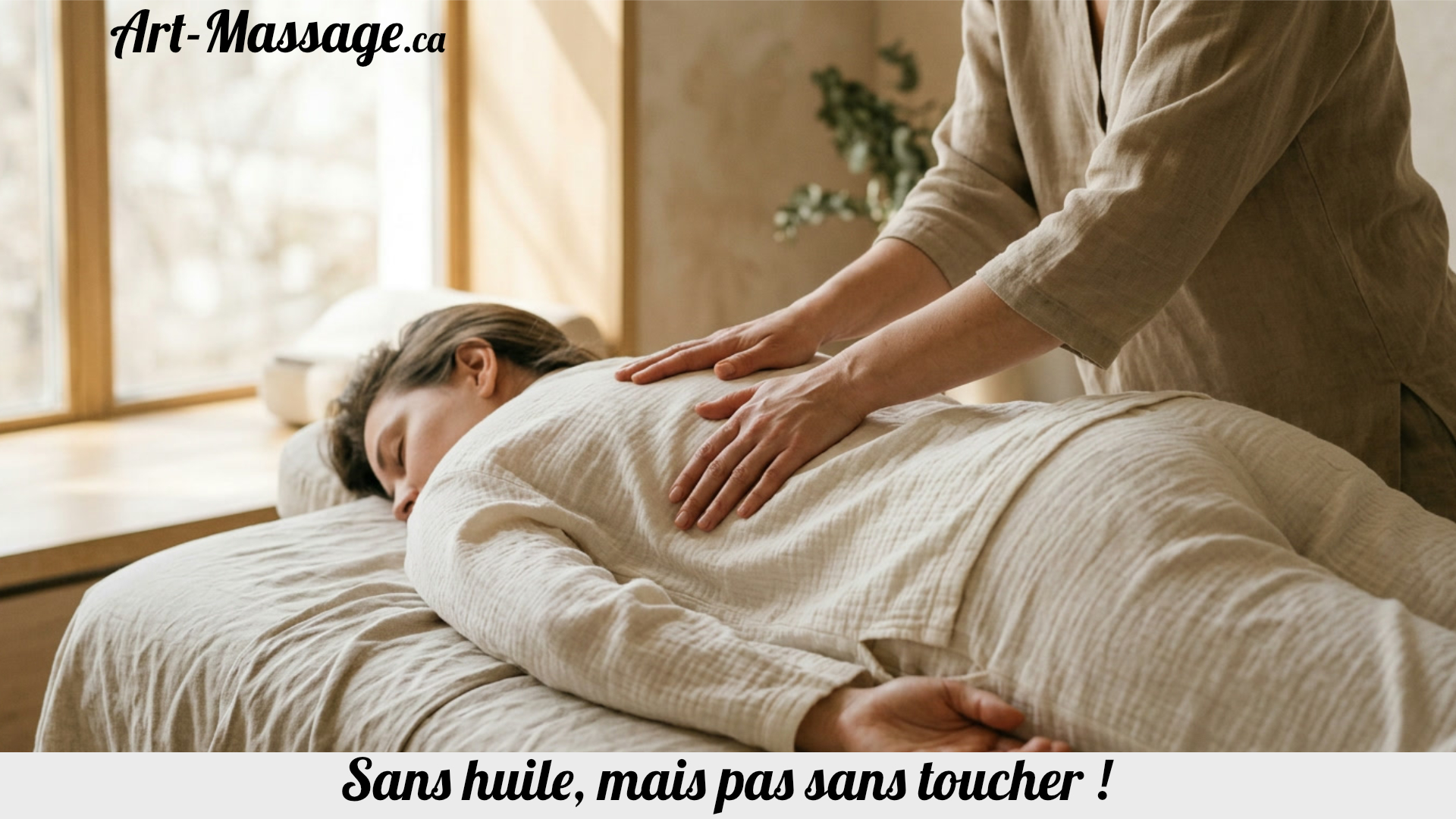 Praticien réalisant un massage sans huile par pressions des mains sur les épaules d'une personne habillée, dans un spa lumineux et minimaliste.